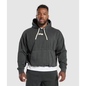 Gymshark Men's Dark Charcoal Pullover Hoodie with Cream Drawstrings